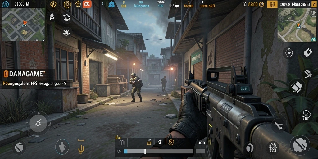 Tampilan gameplay menegangkan dalam DANAGAME dengan aksi FPS.
