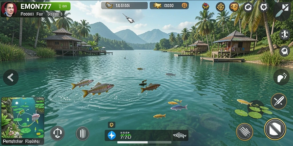 Screenshot gameplay EMON777 menampilkan aksi memancing yang mendebarkan.