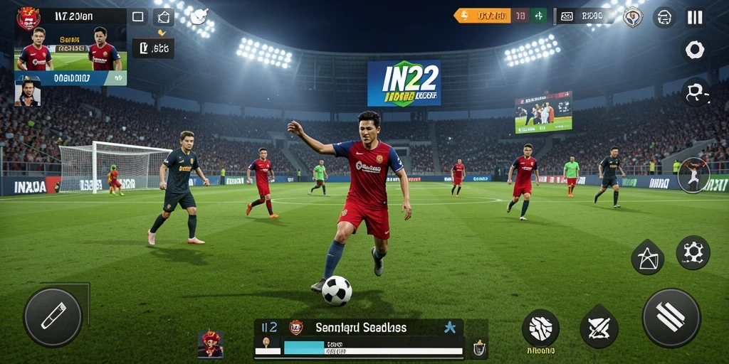 Tangkapan layar gameplay IN22 dengan aksi sepak bola yang mendebarkan.
