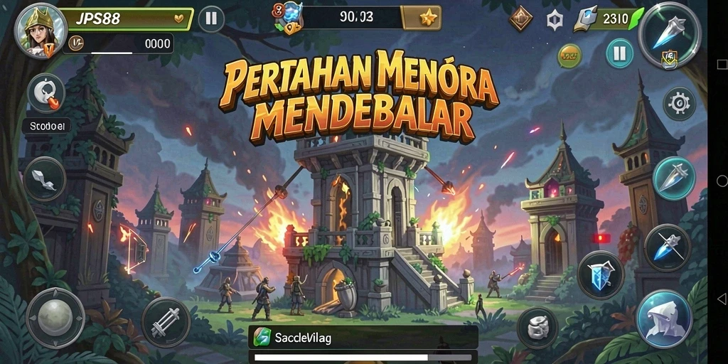 Tampilan gameplay JPS88 dengan menara pertahanan dan serangan musuh.