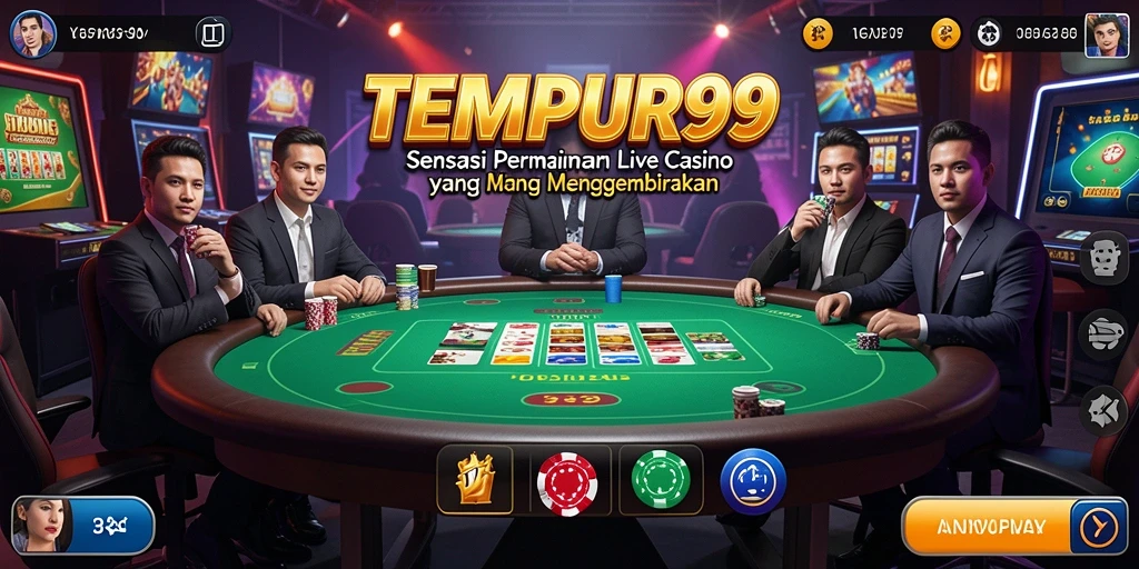 Screenshot TEMPUR99 menampilkan dealer live dan suasana kasino yang mengesankan.